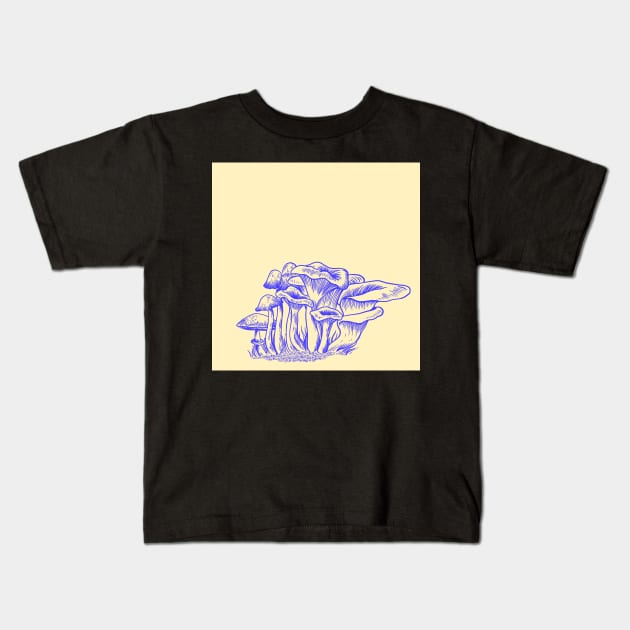 Blue Mushrooms (Yellow Backdrop) Kids T-Shirt by Sopicon98